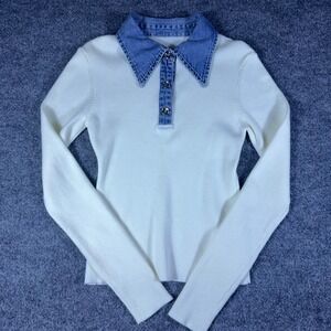 Commence Denim Collar Wool Blend Knit Top Small Cream Ribbed Long Sleeve